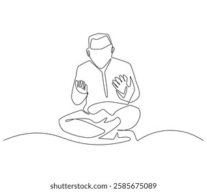 Continuous one line drawing of muslims prayer. Single line drawing illustration of Muslim person sitting and praying. Ramadan kareem concept vector art. Doodle line illustration.

