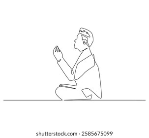 Continuous one line drawing of muslims prayer. Single line drawing illustration of Muslim person sitting and praying. Ramadan kareem concept vector art. Doodle line illustration.

