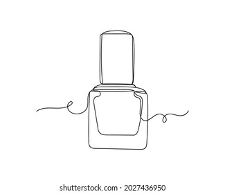 Dibujo continuo de una línea del icono de la botella de esmalte de uñas en una silueta sobre un fondo blanco. Linear estilizado.