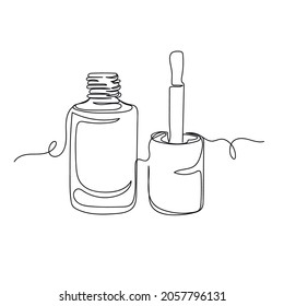 Continuous one line drawing of nail polish bottle in silhouette on a white background. Linear stylized.