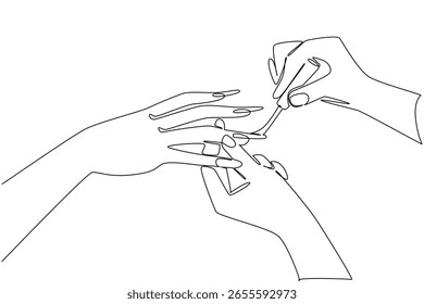 Continuous one line drawing nails painted by pair of hands. Inviting nail care personnel. Preparing to look glamorous at the party National Nail Polish Day. Single line draw design vector illustration