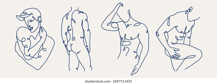 Desenho contínuo de uma linha do conjunto de figuras masculinas nuas. Desenho De Nu De Corpo De Homem. Retrato Abstrato Nude One Line. Design minimalista. Vetor. Não é IA