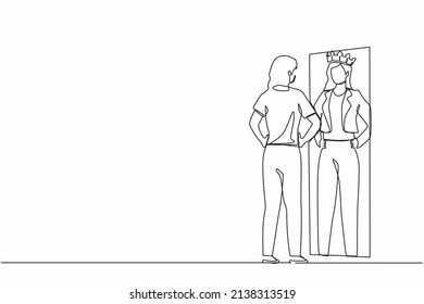 Continuous one line drawing narcissistic businesswoman looking at mirror and seeing in reflection of herself with crown on her head. Self confidence, motivation. Single line draw design vector graphic