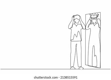 Continuous one line drawing narcissistic Arabian businessman looking at mirror, seeing in reflection of himself with crown on his head. Person overestimate, self confidence. Single line design vector