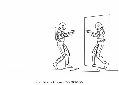 Continuous one line drawing narcissistic astronaut looks and pointing himself at mirror. Narcissism working in spaceship company. Cosmonaut outer space. Single line graphic design vector illustration