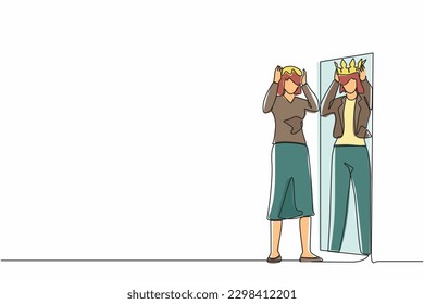 Continuous one line drawing narcissistic businesswoman looking at mirror and seeing in reflection of herself with crown on her head. Person overestimate, self confidence. Single line design vector