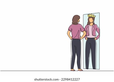 Continuous one line drawing narcissistic businesswoman looking at mirror and seeing in reflection of herself with crown on her head. Self confidence, motivation. Single line draw design vector graphic