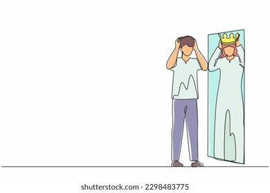 Continuous one line drawing narcissistic Arabian businessman looking at mirror, seeing in reflection of himself with crown on his head. Person overestimate, self confidence. Single line design vector