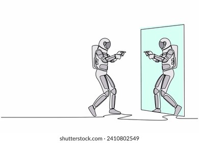 Continuous one line drawing narcissistic astronaut looks and pointing himself at mirror. Narcissism working in spaceship company. Cosmonaut outer space. Single line graphic design vector illustration