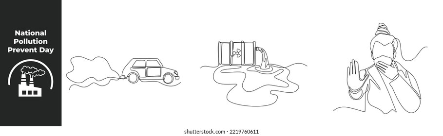 Continuous one line drawing national pollution prevent day concept set. Businessman forbid Exhaust pipe car emits exhaust and Factories emit hazardous waste. Design vector graphic illustration.