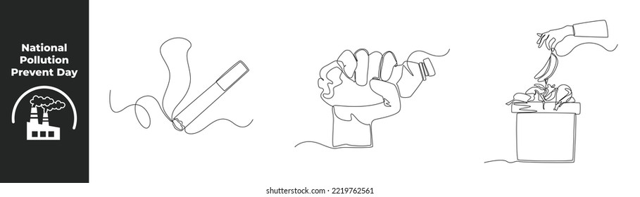 Una línea contínua que dibuja la contaminación nacional impide que se establezca el concepto de día. Cigarrillo con humo, botella de plástico apretada a mano y manos tiran basura de cáscara de plátano a la basura. Ilustración vectorial.