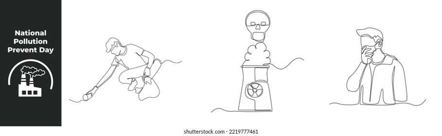 Continuous one line drawing national pollution prevent day concept set. young boy collecting garbage, factory smoke and man wearing a mask. Design vector graphic illustration.