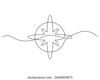continuous one line drawing, navigation compass design, vector illustration, isolated on transparent background