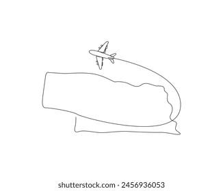 Continuous one line drawing of Nebraska map with airplane. Nebraska - America map combined with airplane simple outline vector illustration. Editable stroke.