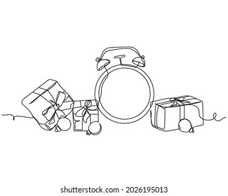 Dibujo continuo de una línea de reloj de alarma de concepto de año nuevo con regalos en silueta sobre fondo blanco. Linear estilizado.Minimalista.