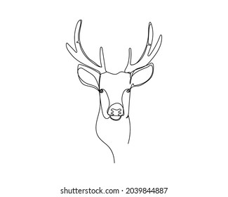 Continuous one line drawing of new year 2022 christmas reindeer in silhouette icon on a white background. Linear stylized.