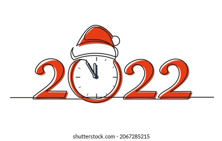 Recorrido continuo de una línea en Año Nuevo 2022. Números 2022 con reloj y sombrero santa claus en el medio aislado sobre fondo blanco. Ilustración del vector