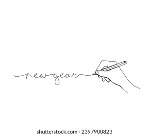 Continuous one line drawing of New Year. Writing using pen. Happy New Year handwritten lettering new year text vector.