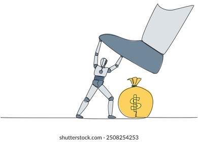 Continuous one line drawing the new robot holds back the giant foot that wants to step on the money bag. Test artificial intelligence to maintain profits. Single line draw design vector illustration