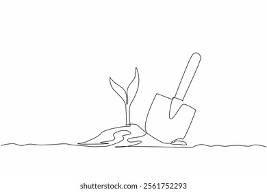 Continuous one line drawing new small trees are planted with help of a shovel. Positive activities to green the earth. Level up oxygen. National Arbor Day. Single line draw design vector illustration