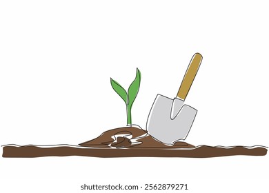 Continuous one line drawing new small trees are planted with help of a shovel. Positive activities to green the earth. Level up oxygen. National Arbor Day. Single line draw design vector illustration