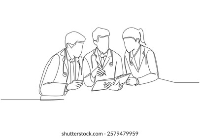 Continuous one line drawing of new male doctor consulting with colleagues about patient's health case, medical team concept, single line art