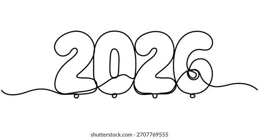 Globo de año nuevo 2026 de dibujo continuo de una línea en un Vector de estilo de guion fluido, signo de 2026 - signo de dibujo a mano de contorno de decoración para el calendario de año. Vector stock ilustración minimalismo. 