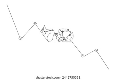 Continuous one line drawing of newborn baby on downtrend graph, low birth rate concept, single line art.