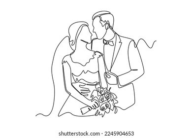 Continuous one line drawing Newlyweds hugging, smiling and looking at each other. Wedding Concept. Single line draw design vector graphic illustration.