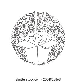 Continuous one line drawing noodle in box. Asian ramen, traditional Chinese restaurant with pasta and chopsticks. Swirl curl circle background style. Single line design vector graphic illustration