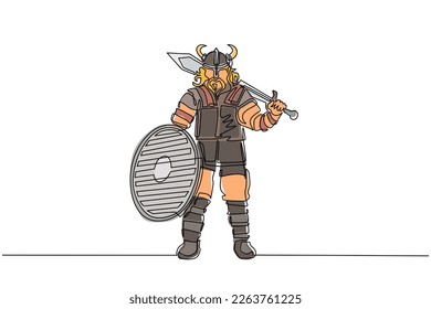 Continuous one line drawing norseman viking warrior raider barbarian wearing horned helmet and beard holding sword   shield isolated white background  Single line draw design vector illustration