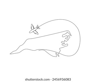 Continuous one line drawing of North Carolina map with airplane. North Carolina - America map combined with airplane simple outline vector illustration. Editable stroke.