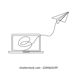 Continuous one line drawing of Notebook connected with paper plane. Laptop and paper plane lineart vector illustration.