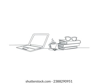 Continuous one line drawing of notebook amd sunglasses over the books with a cup coffee.  education concept. Editable outline