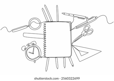 Continuous one line drawing notebook around stationery. Note down some important things to repeat. Handicraft practice. Creative. World Stationery Day. Single line draw design vector illustration