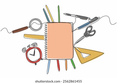 Continuous one line drawing notebook around stationery. Note down some important things to repeat. Handicraft practice. Creative. World Stationery Day. Single line draw design vector illustration