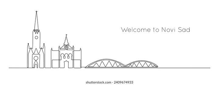 Continuous one line drawing of Novi Sad city. Serbian landmarks and city architecture in simple linear style. Editable stroke. Doodle outline vector illustration