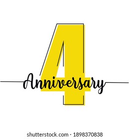 Continuous one line drawing number four and lettering of a anniversary. Vector illustration. Silhouette of a number four. Concept of a anniversary