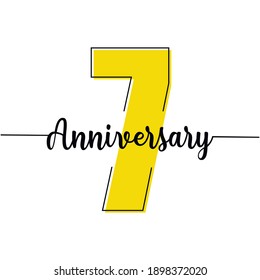 Continuous one line drawing number seven and lettering of a anniversary. Vector illustration. Silhouette of a number seven. Concept of a anniversary
