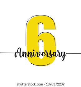 Continuous one line drawing number six and lettering of a anniversary. Vector illustration. Silhouette of a number six. Concept of a anniversary