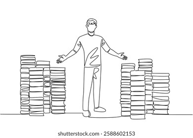 Continuous one line drawing a number of stacks of books and a man standing with a welcome gesture. Offering discounted books. National Small Business Day. Single line draw design vector illustration