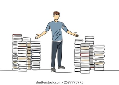 Continuous one line drawing a number of stacks of books and a man standing with a welcome gesture. Offering discounted books. National Small Business Day. Single line draw design vector illustration