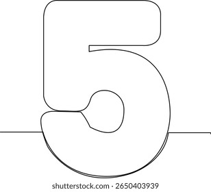 Continuous one line drawing of number 5. Simple minimalist style illustration. Concept for fifth anniversary or birthday. Black and white vector graphic isolated on a white background.