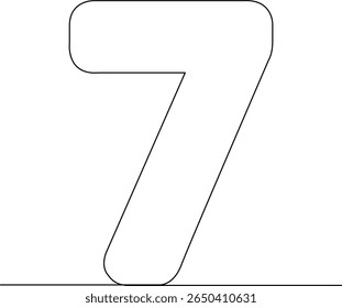 Continuous one line drawing of number 7. Simple minimalist style illustration. Concept for seventh anniversary or birthday. Black and white vector graphic isolated on a white background.