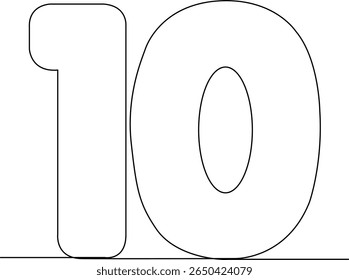 Continuous one line drawing of number 10. Simple minimalist style illustration. Concept for a tenth anniversary or a decade. Black and white vector graphic isolated on a white background.
