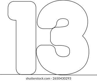 Continuous one line drawing of number 13. Simple minimalist style illustration. Black and white vector graphic isolated on a white background.