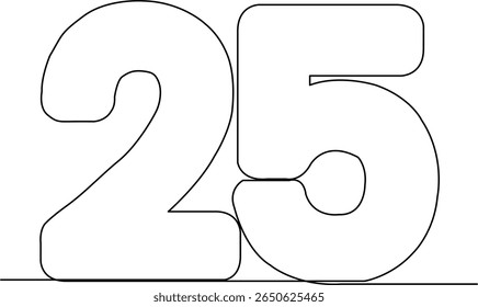 Continuous one line drawing of number 25. Simple minimalist illustration. Concept for a 25th silver anniversary or birthday. Black and white vector graphic isolated on a white background