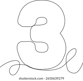 Continuous one line drawing of number 3. Simple minimalist illustration in a flowing, calligraphic style. Black and white vector graphic isolated on a white background
