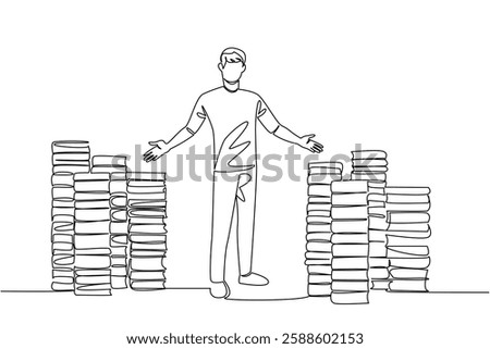Continuous one line drawing a number of stacks of books and a man standing with a welcome gesture. Offering discounted books. National Small Business Day. Single line draw design vector illustration
