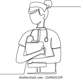 Continuous One Line Drawing Nurse Carry A Stethoscope On Her Shoulder And A Note. International Nurses Day. Single Line Draw Design Vector Graphic Illustration.